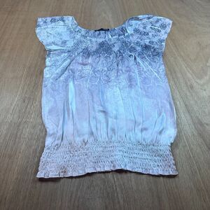 Maurices Gray Pink Boho Blouse Smocked Waist Flutter Sleeve Womens L